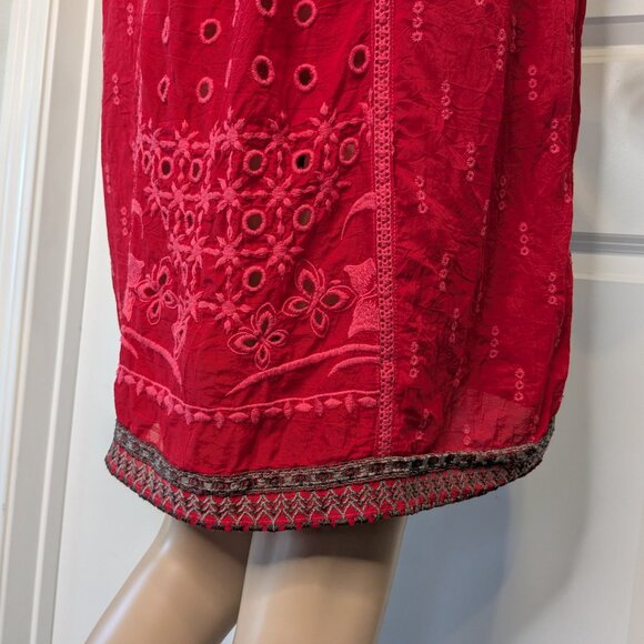 Johnny Was Dress Women's Small Red Eyelet Embroidered Scalloped V-Neck Babydoll - Picture 13 of 16